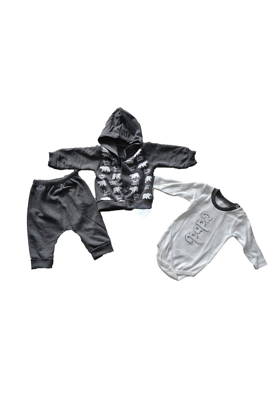 Erkek Bebek Gri Kapüşonlu Çıtçıtlı Sweatshirt & Beyaz Uzun Kol Çıtçıtlı Badi & Gri Eşofman Alt 3lü Takım