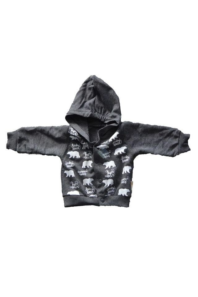 Erkek Bebek Gri Kapüşonlu Çıtçıtlı Sweatshirt & Beyaz Uzun Kol Çıtçıtlı Badi & Gri Eşofman Alt 3lü Takım