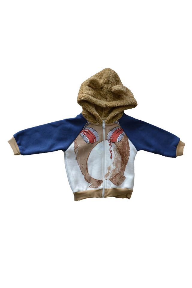 Erkek Bebek Koyu Mavi Baskılı Kapüşonlu Fermuarlı Sweatshirt & Gri Uzun Kol Badi & Eşofman Alt 3lü Takım
