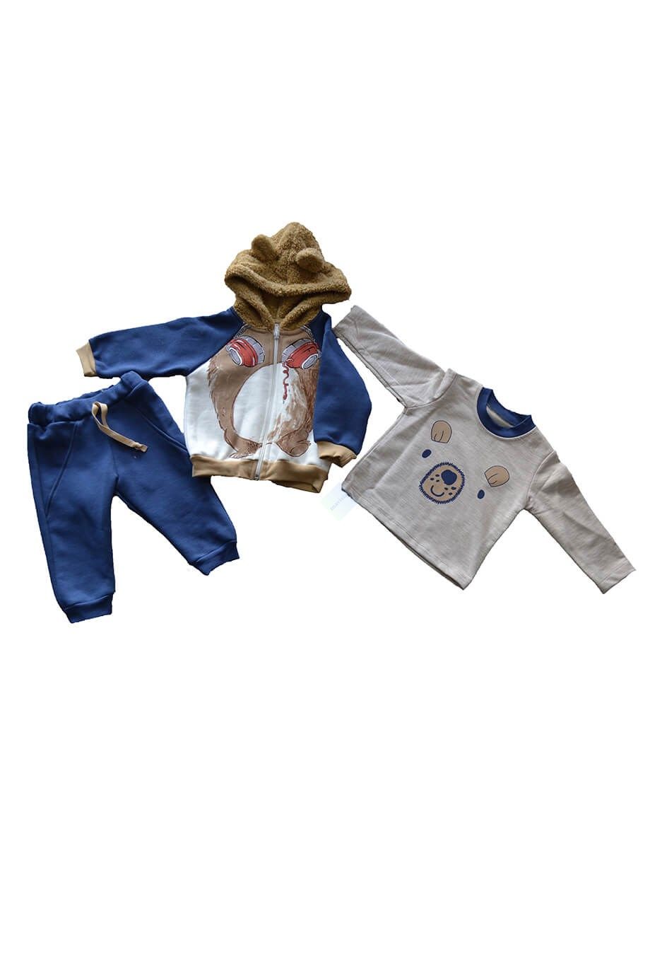 Erkek Bebek Koyu Mavi Baskılı Kapüşonlu Fermuarlı Sweatshirt & Gri Uzun Kol Badi & Eşofman Alt 3lü Takım