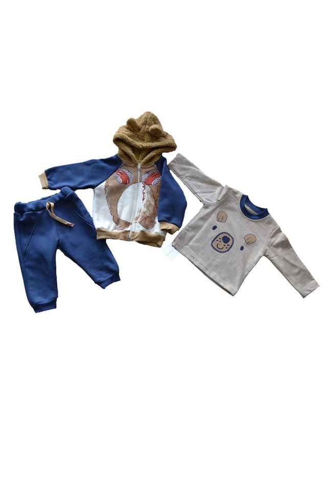 Erkek Bebek Koyu Mavi Baskılı Kapüşonlu Fermuarlı Sweatshirt & Gri Uzun Kol Badi & Eşofman Alt 3lü Takım