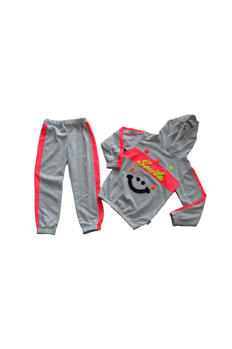 Kız Çocuk Gri Kapüşonlu Smile Yazılı Sweatshirt Eşofman Takım