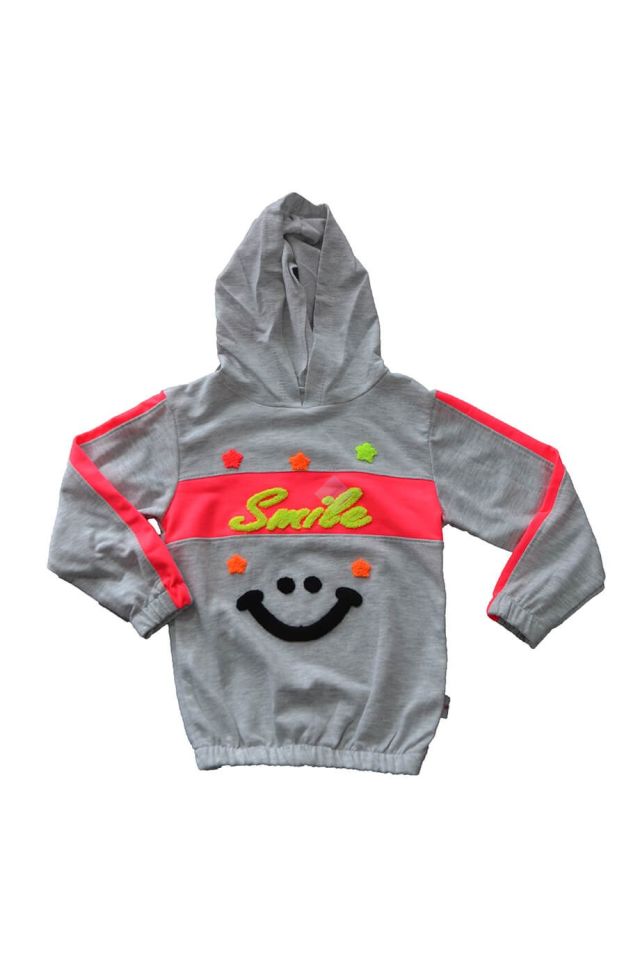 Kız Çocuk Gri Kapüşonlu Smile Yazılı Sweatshirt Eşofman Takım