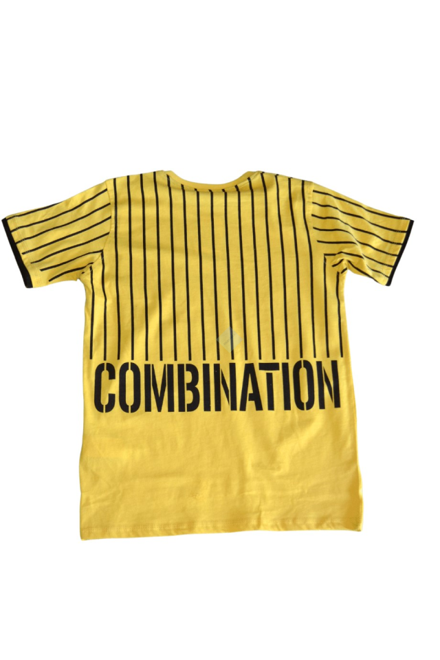 Sarı Çizgili Combination Baskılı Tişört & Siyah Şort Takım