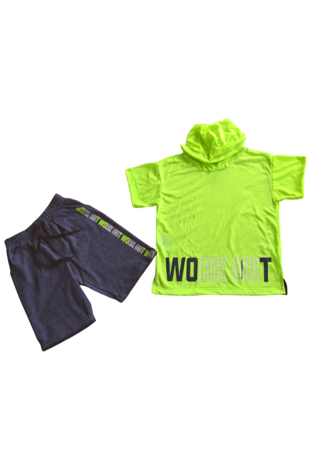 Neon Yeşil Work Out Baskılı Kapüşonlu Tişört & Koyu Mavi Şort Takım