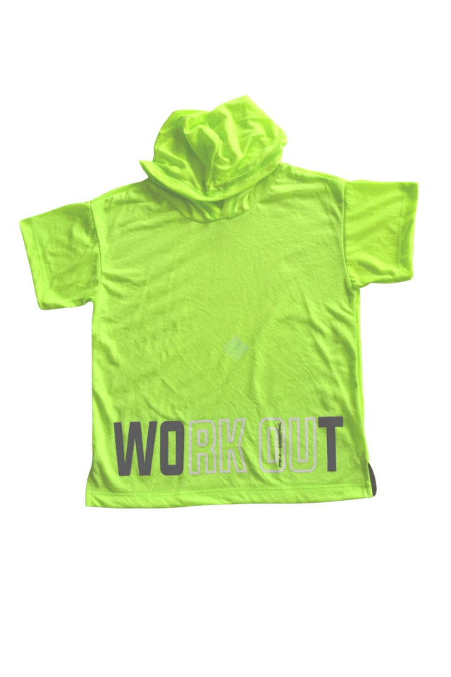 Neon Yeşil Work Out Baskılı Kapüşonlu Tişört & Koyu Mavi Şort Takım