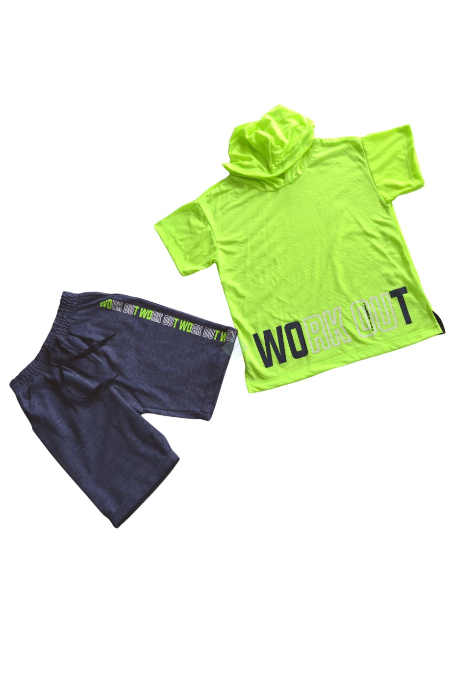 Neon Yeşil Work Out Baskılı Kapüşonlu Tişört & Koyu Mavi Şort Takım
