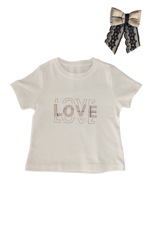 Love Yazılı Tişört Ekoseli Şort Etekli Takım