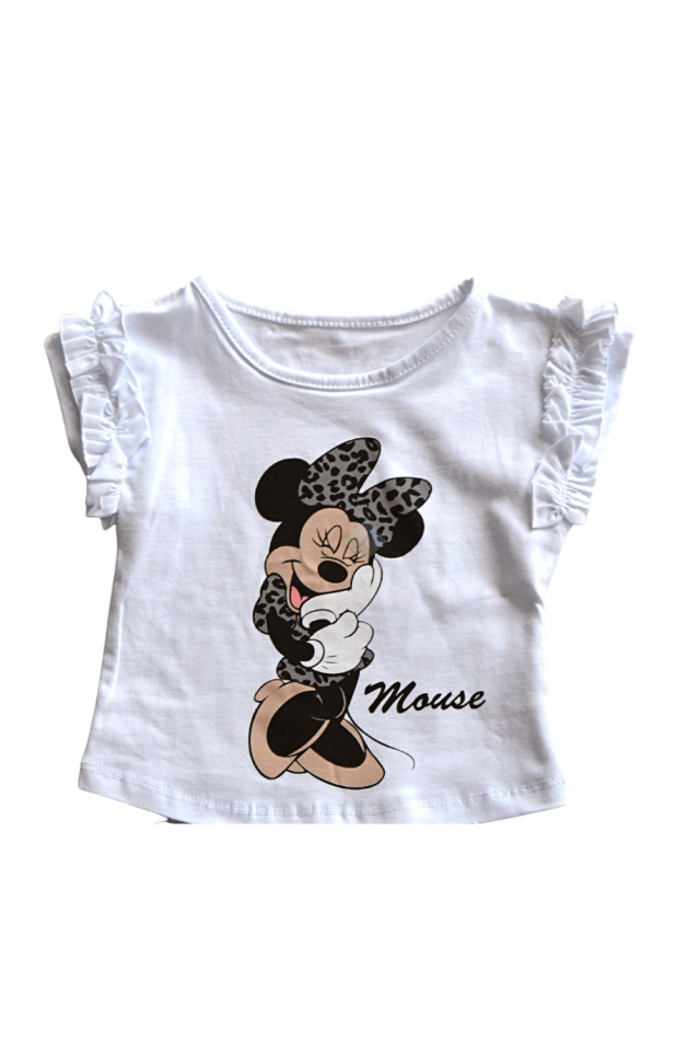 Beyaz Fırfırlı Gülen Mouse Tişört & Şort Takım