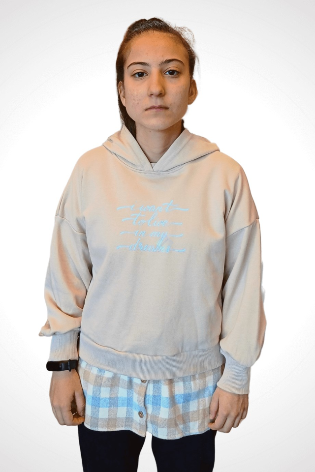 Bej Kapüşonlu Ekose Gömlek Detaylı Sweatshirt