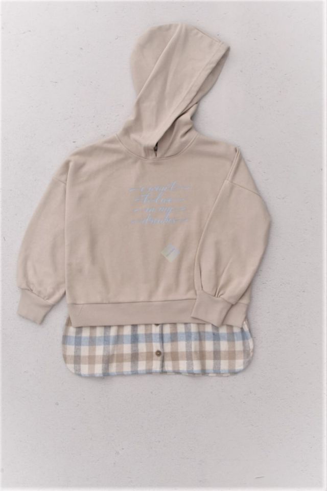 Bej Kapüşonlu Ekose Gömlek Detaylı Sweatshirt