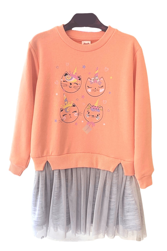 Oranj Kedi Baskılı Sweatshirt & Tütü Etekli Elbise