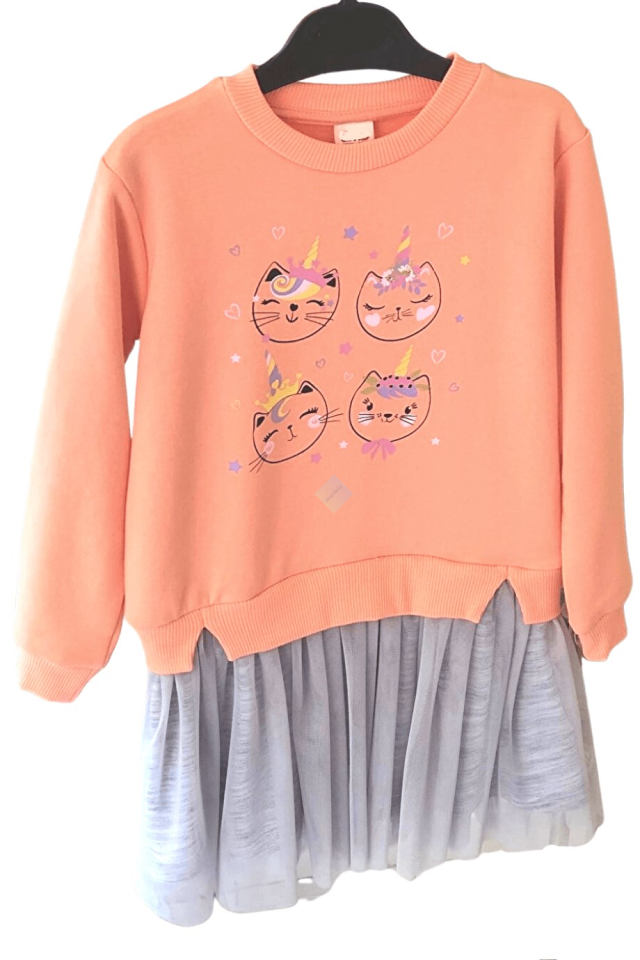 Oranj Kedi Baskılı Sweatshirt & Tütü Etekli Elbise