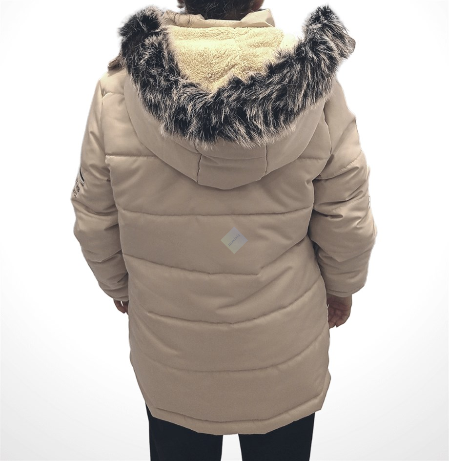 Unisex Çocuk Ekru Çift Cepli İçi Peluş Mont Kaban