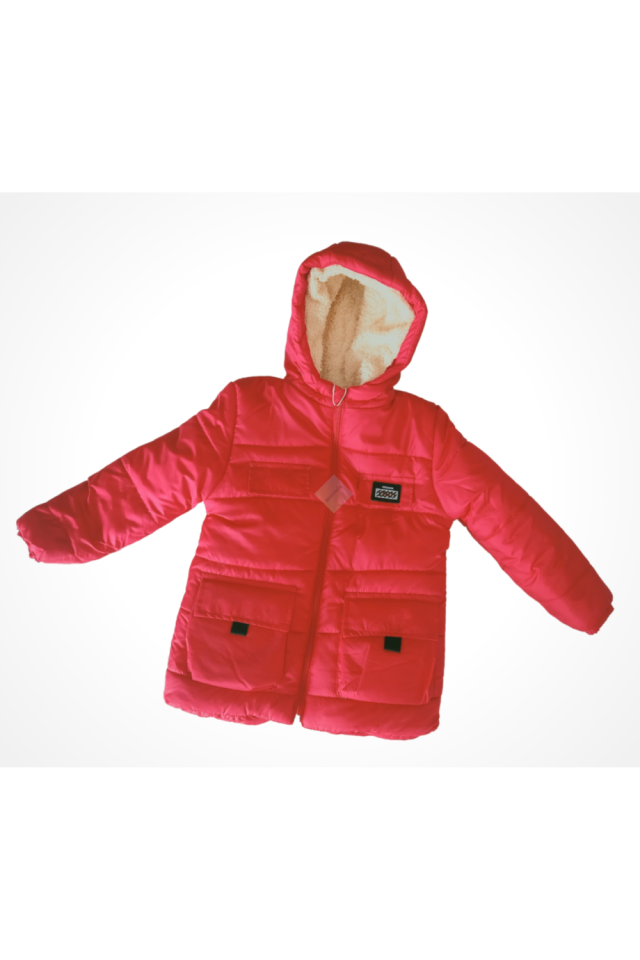 Unisex Çocuk Kırmızı Kapüşonlu Mont
