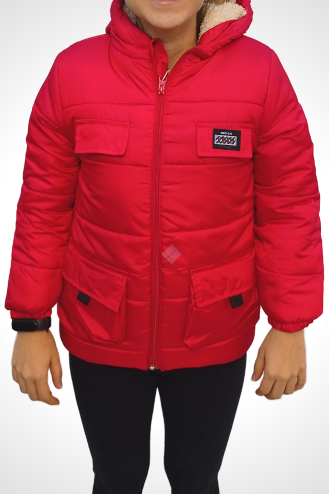 Unisex Çocuk Kırmızı Kapüşonlu Mont
